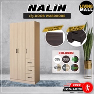 LivingMall Nalin 2-Door 3-Door Wardrobe with Drawers Full Laminated Back Panel in 6 Colour