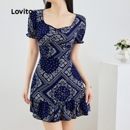 Lovito Boho Tribal Print Lace Up Plicated Dress for Women L131ED539