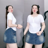 Áo thun nữ BIGSIZE CÔ NHỎ tay ngắn vạt bầu chất vải thun gân co giãn thấm hút mồ hôi dành cho nàng m