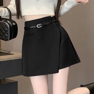 Asymmetrical Gray Suit Skirt Womens Autumn and Winter Short Loose Wide-Leg Skort High Waist Slim Looking A- line Skirt