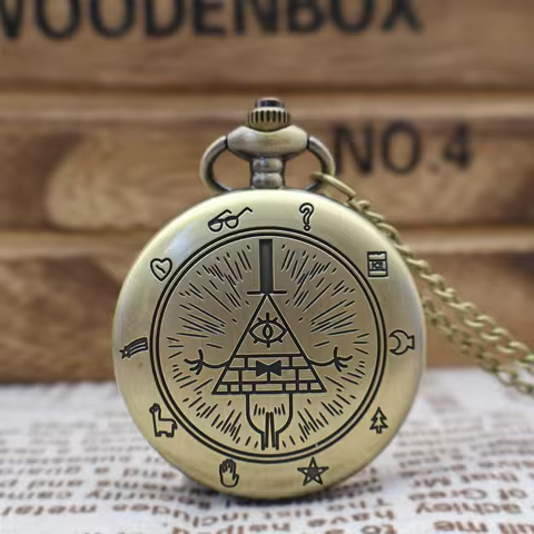 Quirky Vintage Pocket Watch with Triangular One-Eyed Demon Design, Creative Flip-Top Old-Style Chain