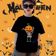 Scary Skeleton Print Halloween Kids T-Shirt Spooky Skull Cartoon Graphic Short Sleeve Costume Outfit