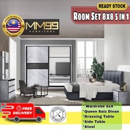 FREE DELIVERY -MM99-Bedroom Set - Bedframe + Wardrobe (8ft x 8ft) + Dressing Table & Stool + Side Ta