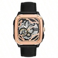 Inscription Automatic Skeleton Rose Gold Dial Black Leather Strap Watch For Men BQ2572