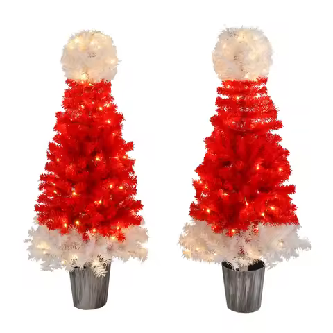 Lighted Santa Hat Style Christmas Tree Set of 2, 4ft Artificial Tree with Warm White Lights, Christm