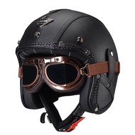 [fpym] 2024 Vintage Leather 3/4 Open Face Motorcycle Helmet with Goggle Retro Jet Scooter Helmet For