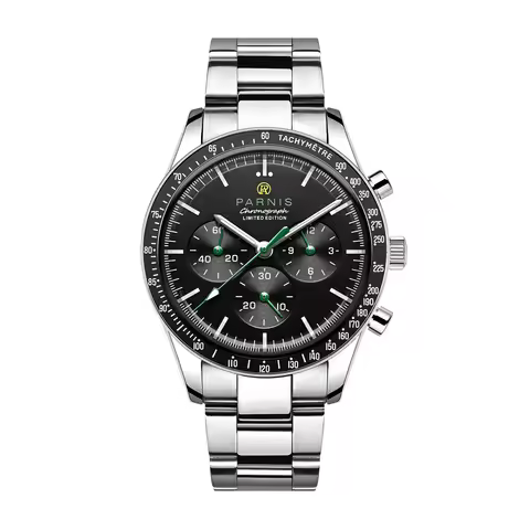 Fashion Parnis 40mm Black Dial Quartz Chronograph Men's Watch Green Hands Stainless Steel Strap Men 
