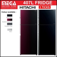 HITACHI R-VGX480PMS9 407L 2-DOOR GLASS INVERTER FRIDGE (3 TICKS)