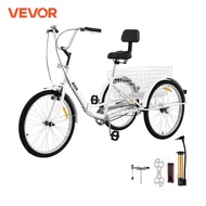 VEVOR 24 inch Folding Adult Tricycle 3 Wheel Trike Bike 1/7 Speed High-Carbon Steel Cargo Trailer Pe