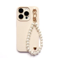 iPhone16/15/14/13 首爾金色愛心奶茶手機殼(附珍珠手腕帶)