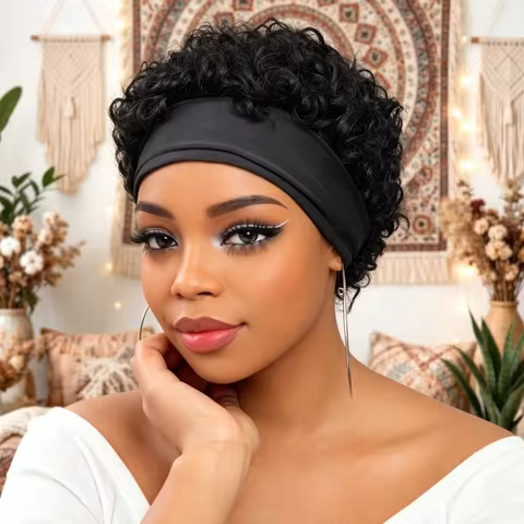 Full Machine Made Short Curly Headband Human Hair Wig, Easy Wear Human Hair Headband Wig