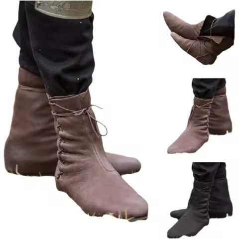 Medieval Steampundieval Carnival Men Knight Hunter Prince Lace Up Viking Pirate PU Leather Boots Wom
