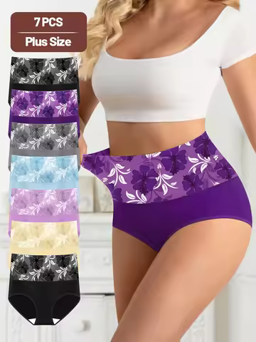 7-Pack Women's Breathable Panty Plus Size Flower Print Briefs Hi-Waist Women Soft Comfortable Pantie
