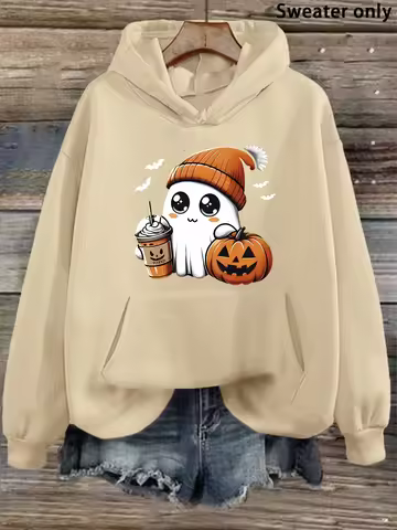 Cute Beanie Ghost Pumpkin Coffee Bat Print Hoodie Plus Size Unisex Loose Long Sleeve Pullover Hallow