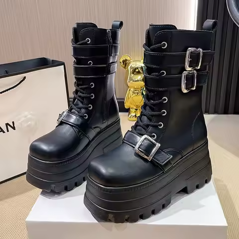 Black Autumn Women Punk Style Platform Ankle Boots Thick Sole Leather Motorcycle Boots 8CM Chunky Me
