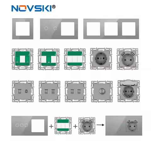 novski wall mounted module DIY European standard gray glass panel power supply Tpye c USB socket tou