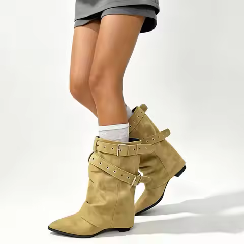 Size 42 Vintage Y2K Western Cowboy Boots Women Buckle Belts Slouchy Biker Boots Shoes Pointed Toe 4.