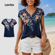 Lovito Casual Tshirt National Style Spring/summer Blue Tshirt for Women L150ED444\4