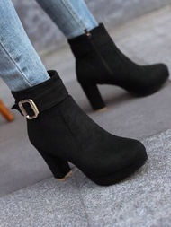 黑色高跟鞋女性短靴帶金屬扣&amp;水防水台適用於優雅風格,秋冬