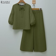 ZANZEA Women Autumn Pant Sets 2PCS Outfits Crew Neck Three Quarter Sleeve Blouse Trousers Solid OL W