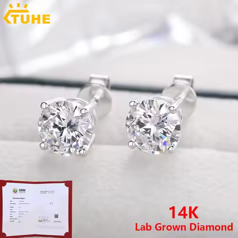 Classic 4 Claws Round Ear Studs For Women 1ct 2ct VVS Lab Grown Diamond 14K Real Gold Stud Earring M