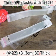OPH plastik Opp plastik ada lubang gantung Header OPP 4*22cm, 4.5*24cm, 8C tebal