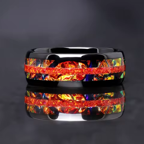 Regal Green Fire Protein Stone Tungsten Wedding Ring, Men's Double Lotus Black Ring, Promise Unique 