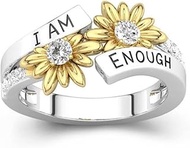 Rhodium Plated Silver Gold Two Tone Sun Flower I am Enough Mantra Inspirational Ring (Silver Gold, 9