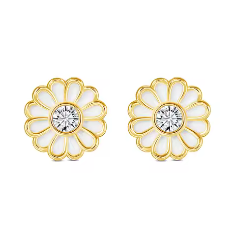 Cute 14K Gold Studs Natural Yellow Crystal White Enamel Daisy Stud Earrings for Women Au585 Girl Fin