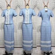 Chalita Label Set Short Sleeve Shirt With Thai Pattern Skirt Blue And Gray Tone