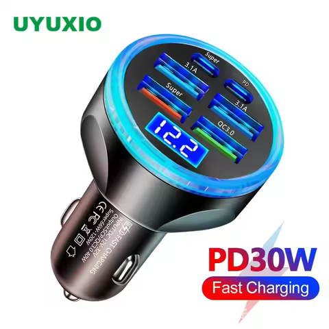 UYUXIO USB C Car Charger Adapter with Voltage Display 6 in 1 Multi Port Super Fast Charge with Volt 