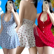 Trendy Cherry Print Terno Skort & Halter Top for Women - Backless with Button Trendy Terno Skort & h