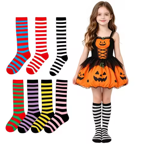 Kids Knee High Socks Cotton Halloween Colorful Zebra Stripes Long Tube Clown Striped Knee Socks Boys