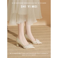 French Wedding Shoes Convertible Bridal Gown Single Shoes Womens Pearl Lace Satin High Heels Pointed