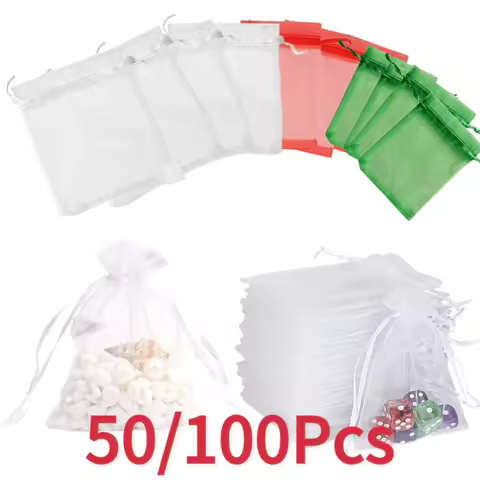 50/100PCS White Drawstring Organza Bags 7x9 9x12 10x15 15x20 20x30cm Wedding Party Jewelry Gift Pack