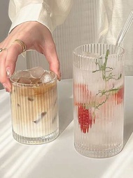 1只直立垂直條紋玻璃杯,適合家中使用咖啡、拿鐵、果汁、牛奶、水果茶
