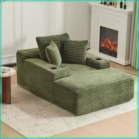 66" Corduroy Chaise Lounge Sofa Chair, Single Sleeper Couch with Pillows & Cup Holder, No Assembly, 