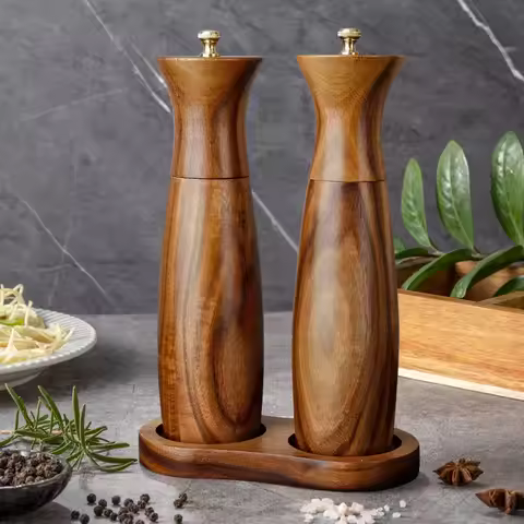 1PC-Manual Solid Wood Pepper Grinder, Western Steak Seasoning Pepper Mill, Acacia Wood Sea Salt and 