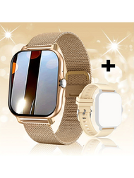 Simsonlab 1入組1.44吋金色運動智能手錶,帶有矽膠和鋼帶,可通話、測量心率和血氧,追蹤睡眠,男女皆宜。與android和iphone兼容。