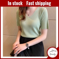 Daduhey Summer V-Neck Ice Silk Short-Sleeve Plus Size Women's Top Bottom T-Shirt