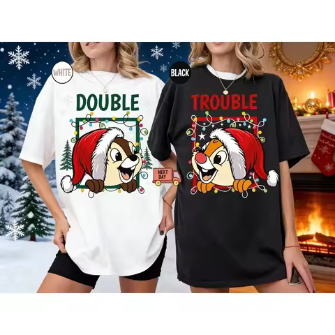 Disney Printed T-shirt Mickey Couples Chip n Dale Double Trouble Christmas Cotton Shirt Disneyland H