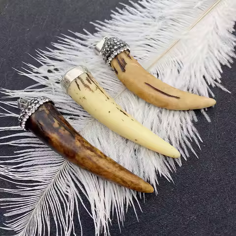 1pcs Natural Stone Resin Cow Bone Pendant Leaf-shaped Horn Coffee Brown Rhinestone DIY Making Neckla
