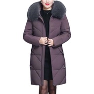 Winter Women Cotton Jacket with Furry Hood Neck Protection Plus Size Pockets Mid Length Zipper Closu