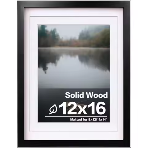 12x16 Picture Frame Black, Solid Wood with Plexiglass, Wall Mountable for Photos 9x12 and 11x14 with