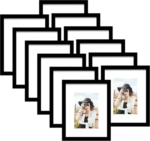 Set of 12 Black Picture Frames, 11x14 with Mat for 8x10 Photos, Wall Mount or Table Display