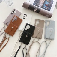 9802韓風純色可插卡八達通鈄孭掛頸皮套三星 SAMSUNG S21 S22 S23 S24+ FE Ultra電話手機殼