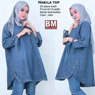 Baju Atasan Jumbo XXL Blouse Jeans - Long Tunik Big Size Jeans No Busui Lengan Panjang Nabila - Fashion Wanita Terbaru Baju Muslim Wanita