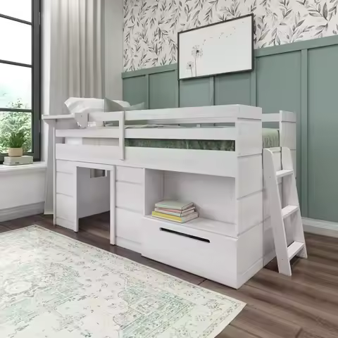 Loft Bed Twin Size, Solid Wood Low Loft Bed with Storage Drawer and Ladder, Modern Farmhouse Loft Be