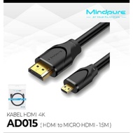 MINDPURE MICRO HDMI TO HDMI 4K CABLE GOLD PLATE BLACK 1.5M 1.5METER 1.5 M 1.5 METER AD015