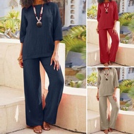 2023 Plus Size Women's Solid Color National Style Retro Pants Suit Cotton and Linen Casual Long-sleeved Loose Cotton Suit